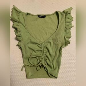Zara Olive Ruffle Sleeve Crop Top